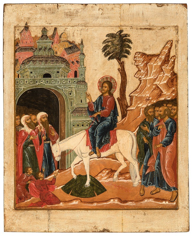 Houten paneelschildering waarop Jezus, op een witte ezel gezeten aankomt  bij de poort van Jeruzalem.  