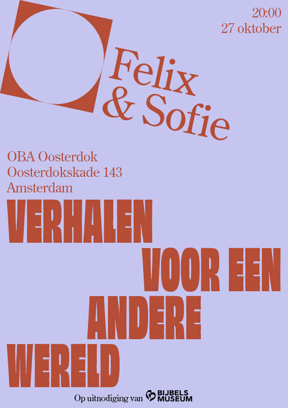 lila affiche met rode letters kondigt aan Feloix & Sofie: Verhlen voor een andere wereld